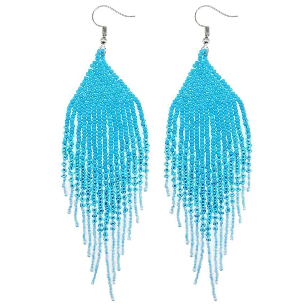 Sky Blue Bohemian Seed Bead Tassel Dangling Statement French Wire Hook Earrings